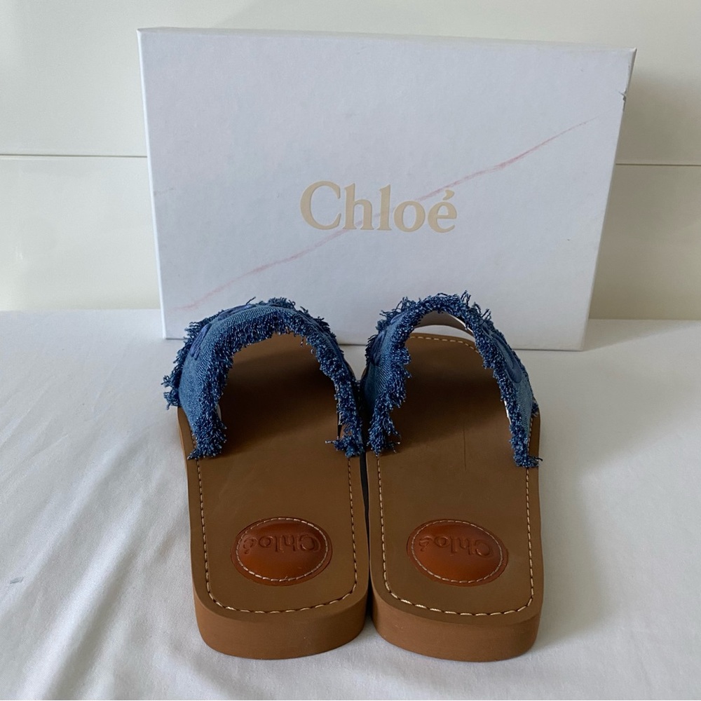 NWT 100% Authentic Chloe Woody Logo Flat Denim Slide Sandals - Picture 14 of 16
